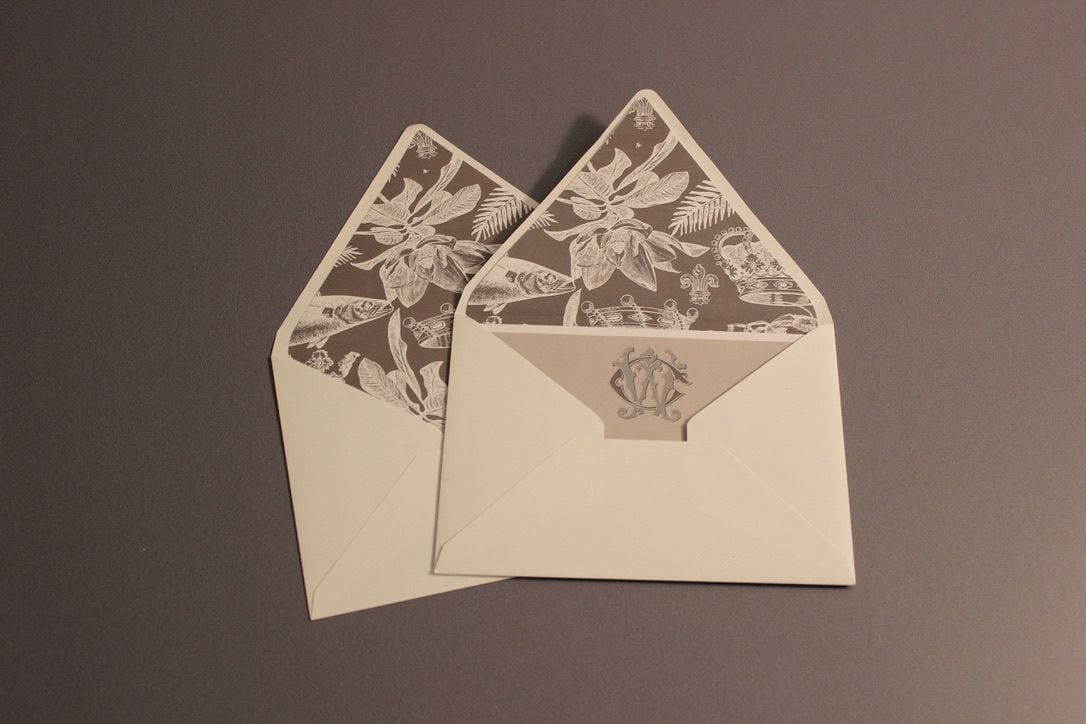 Two cream envelopes opened to show printed floral pattern liners