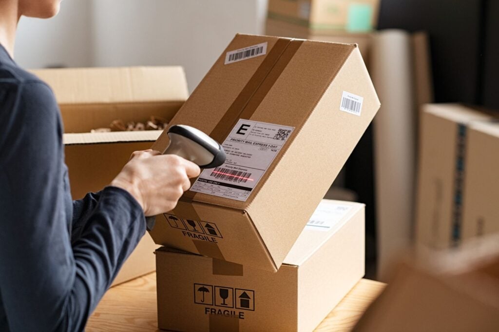 Hands scanning a barcode label on a corrugated shipping box