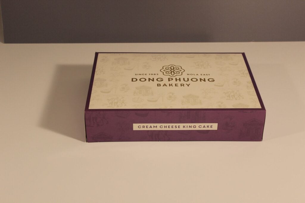 Purple and cream Dong Phuong Bakery folding carton printed for cream cheese king cake