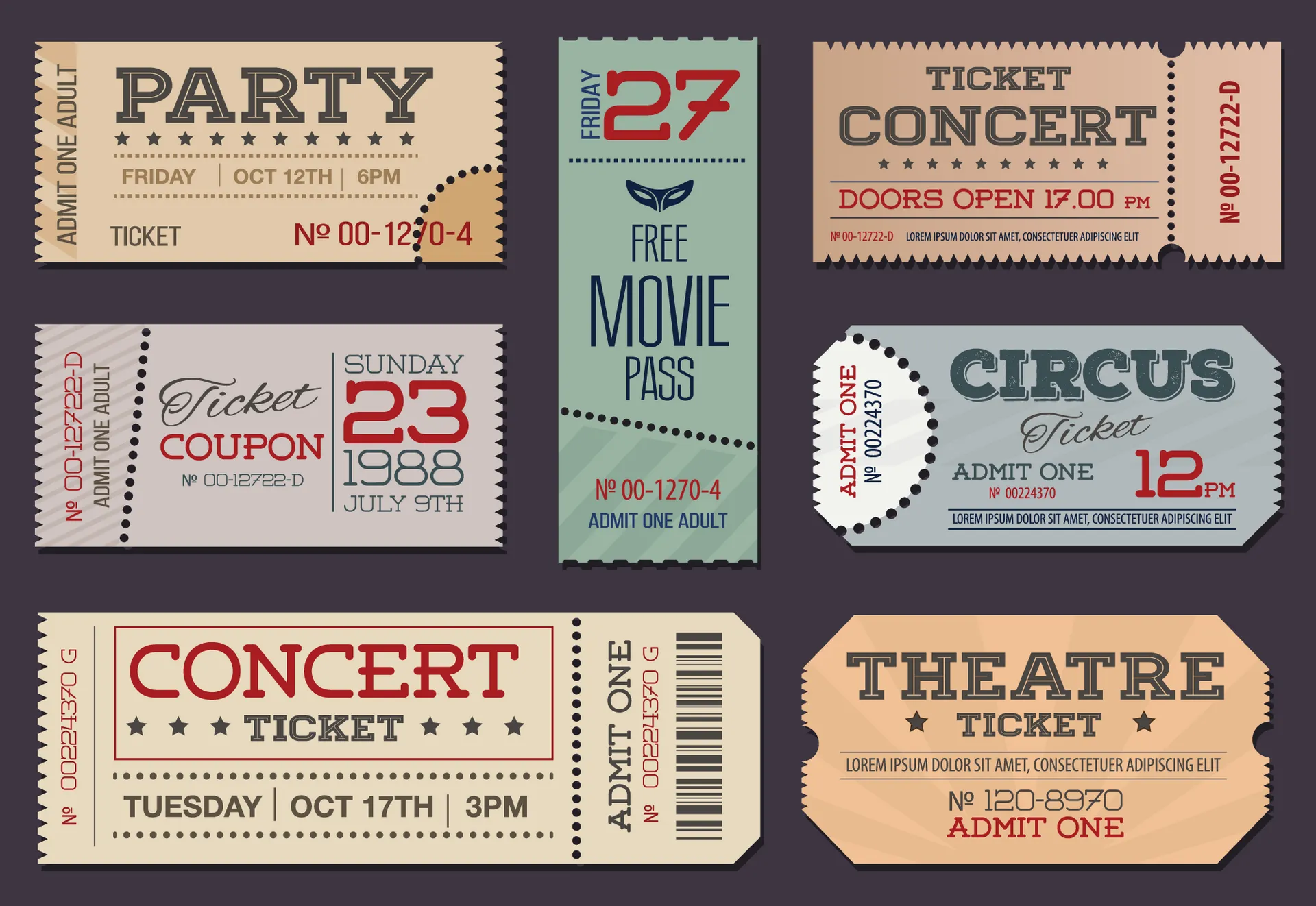 Printed event tickets in several designs including concert and admission tickets