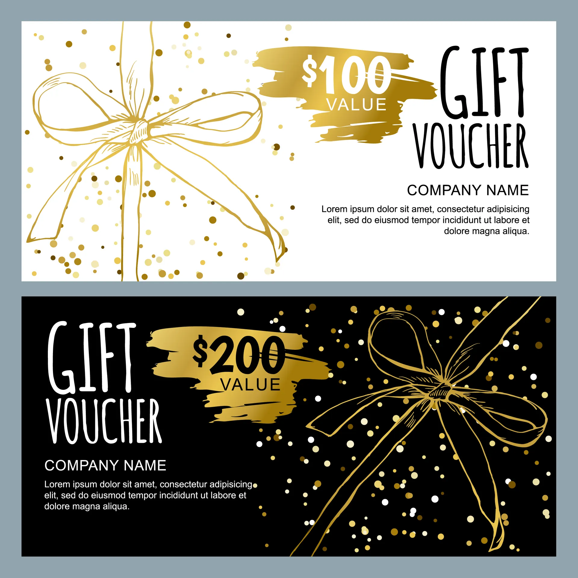Printed gift certificates in gold and black designs with voucher values