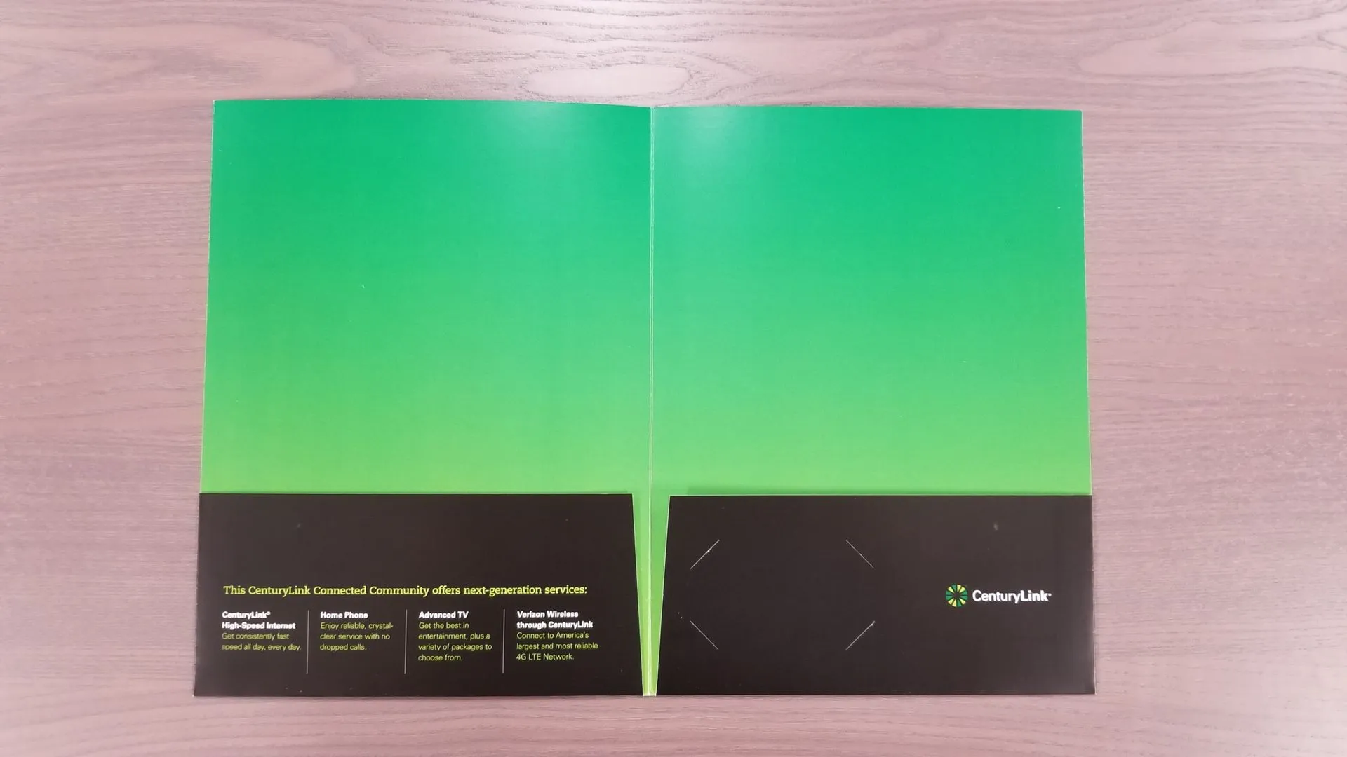 Printed presentation folders with pockets, showing the inside spread and business card slits