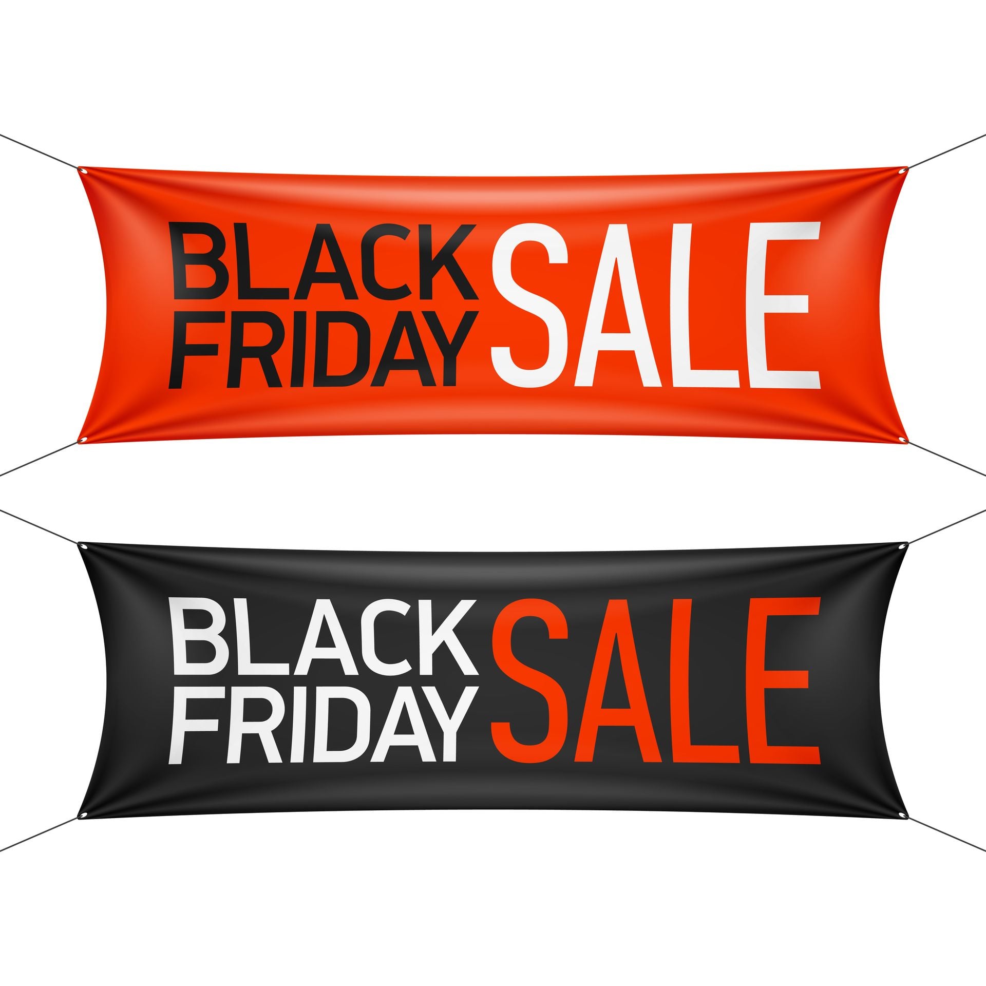Two Black Friday Sale vinyl banners, one red and one black, finished with grommets